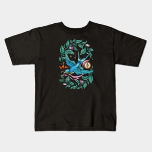 A bird, Nightshade, a key, a compass. Black background Kids T-Shirt
